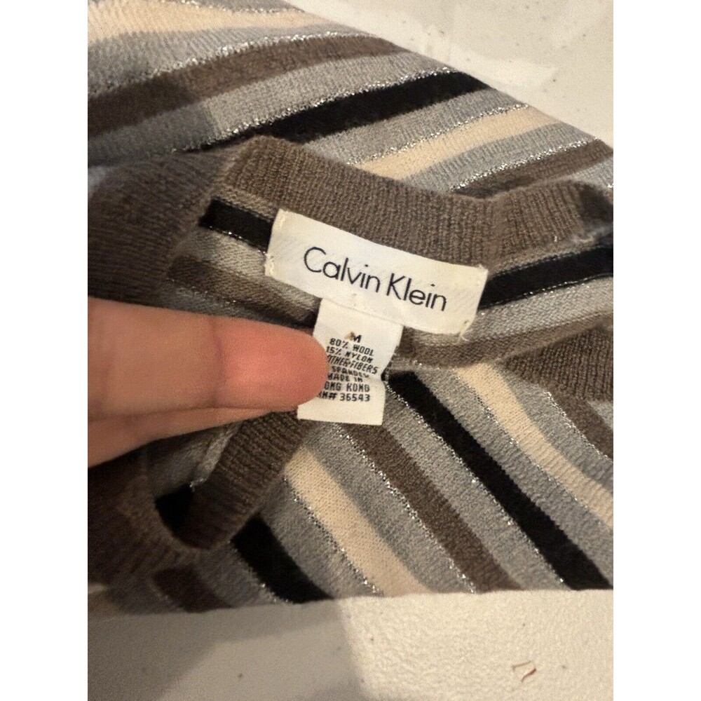 Calvin Klein Wool Knit Sweater Striped Y2K gal stretch Long sleeve Size M Retro - Picture 8 of 13